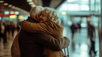 Fototapeta premium Elderly couple hugging at the airport