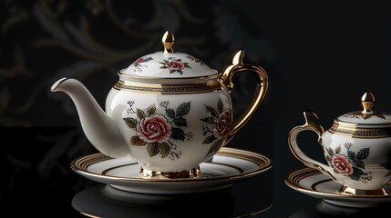 A white teapot and creamer with gold trim and a floral pattern.