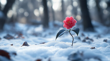 雪の中咲く椿の花