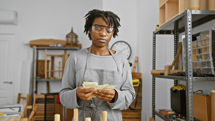 African woman in apron at carpentry workshop holding money indoors