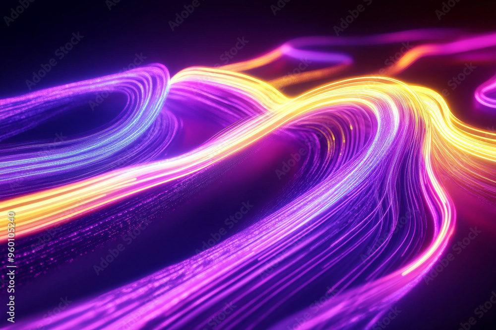 Poster a neon lighting background showcasing a cascading flow of neon purple and yellow light, creating a m