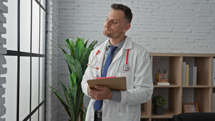 Handsome hispanic doctor with a beard taking notes in a clinic office, evoking professionalism and healthcare setting.