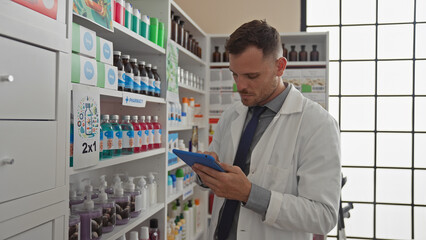 Handsome man pharmacist in white coat using tablet amidst shelves with medication in modern pharmacy