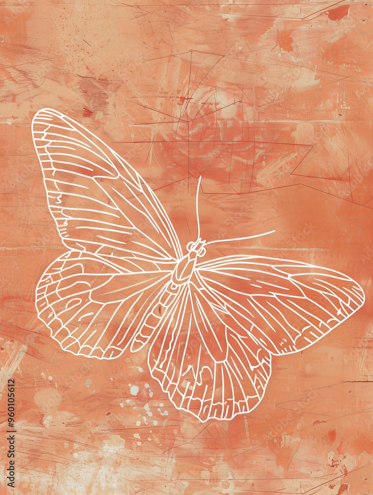 Poster simple white line drawing of a butterfly on a peach-colored textured background. the butterfly's win