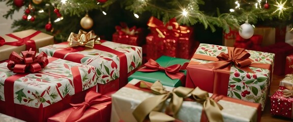 Fototapeta premium A close-up of beautifully wrapped Christmas gifts under a tree, with intricate bows, ribbons, and festive wrapping paper, ready for the holiday celebration. AI generated