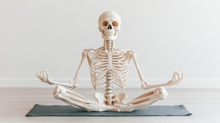Skeleton in a yoga pose with a spotlight on weakened bones, highlighting the impact of osteoporosis on wellness