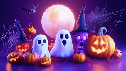 "Spooky Halloween background with a pumpkin, bats, and a dark night sky featuring a moon, perfect for October celebrations."