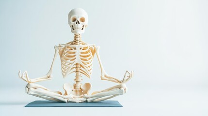 Skeleton in a yoga pose with a spotlight on weakened bones, highlighting the impact of osteoporosis on wellness