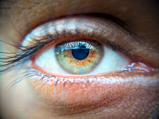 Marketing and Web Design, Close-Up of a Human Eye with Golden and Blue Hues, Macro Photography, Eye Detail, Natural Colors, Eyelashes, Beauty, Vision, Focus, Macro Lens, Sharp Detail