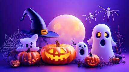 "Spooky Halloween background with a pumpkin, bats, and a dark night sky featuring a moon, perfect for October celebrations."