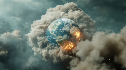 Earth is depicted amidst swirling smoke and flames, evoking sense of urgency and concern for planets future.