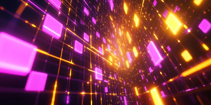 A neon lighting background featuring a grid of bright neon yellow and purple squares, creating a pulsating, energetic visual.