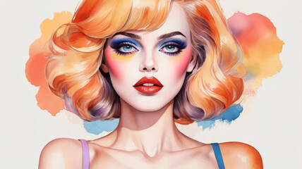 Obraz premium Retro watercolor portrait of a fashion model with vibrant makeup isolated on white background.