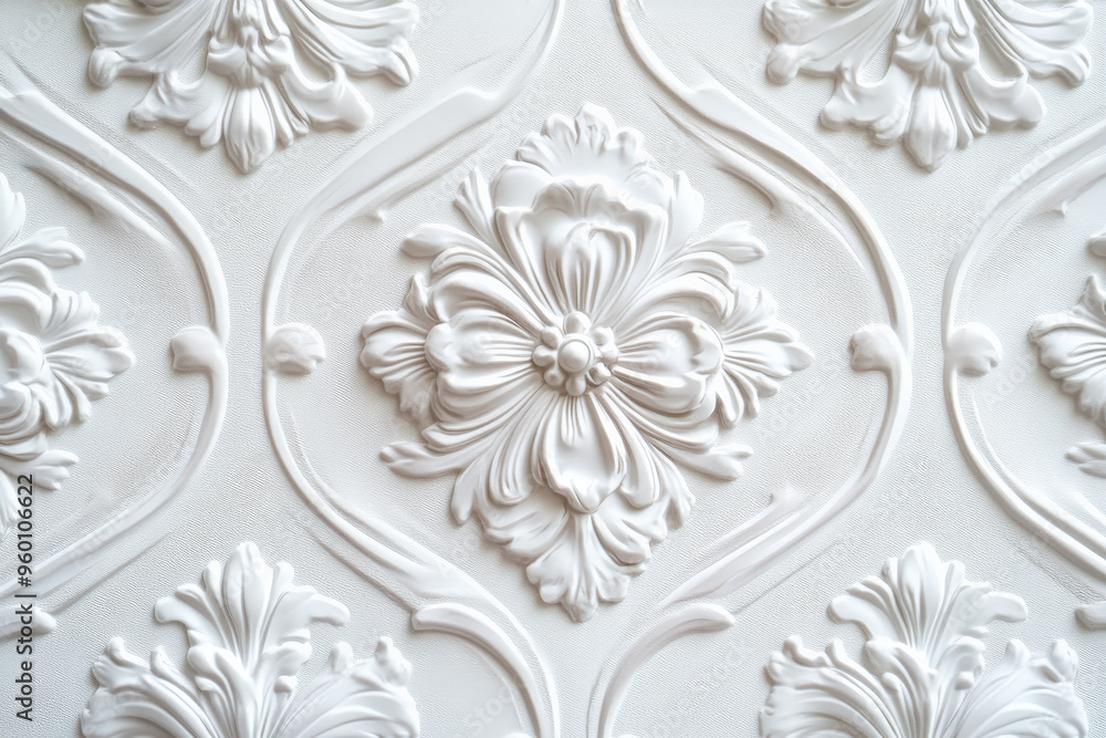 Poster a light white textured surface with intricate, embossed patterns, creating a raised design that adds