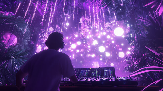 A DJ at the booth at a party in the forest with neon purple lighting, surrounded by exotic plants and glowing lights, creating a magical atmosphere