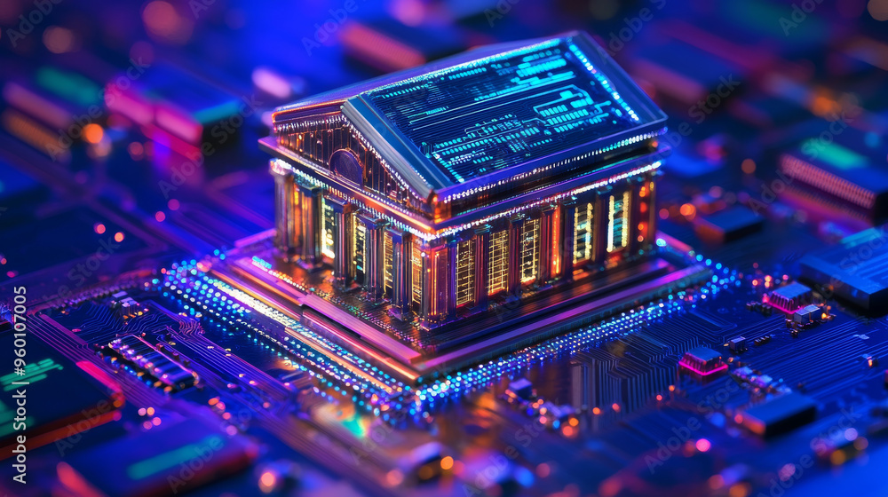 Poster this image shows a bank built on a circuit board, representing how technology is changing banking. i