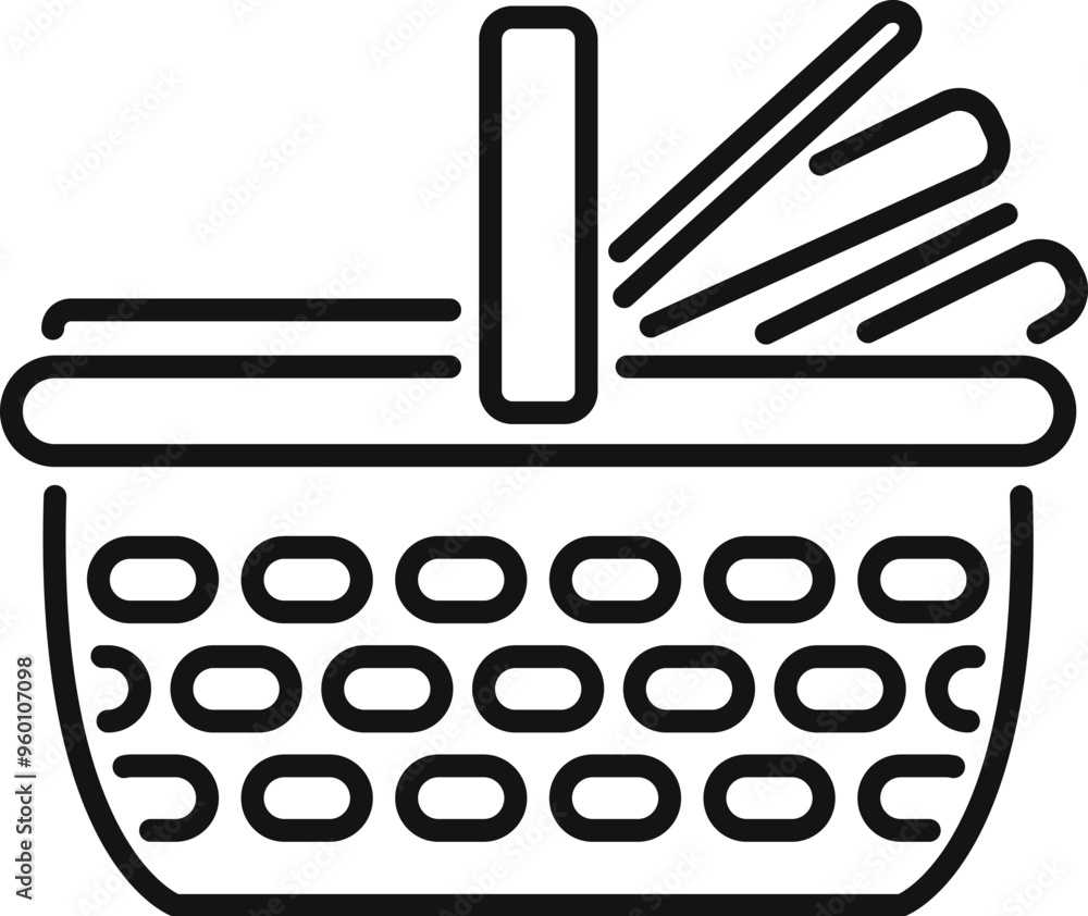 Poster wicker picnic basket with a checkered pattern, ready to be filled with food and drinks for a delight