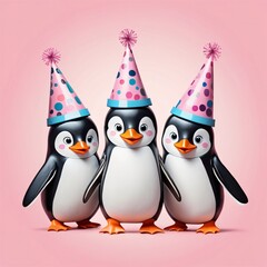 Fototapeta premium three penguins wearing party hats, light pink background