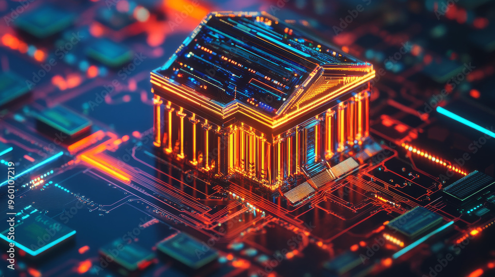 Poster this image shows a bank built on a circuit board, representing how technology is changing banking. i