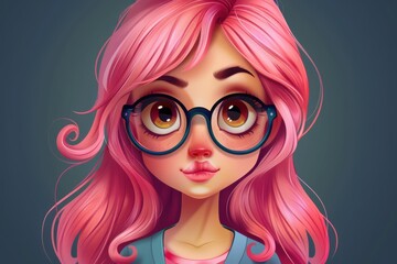 Obraz premium Adorable Cartoon Character Girl with Pink Hair and Glasses in a Playful and Colorful Design