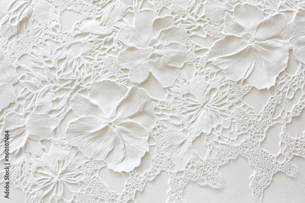 Poster a light white textured surface with intricate, raised patterns that mimic the appearance of delicate