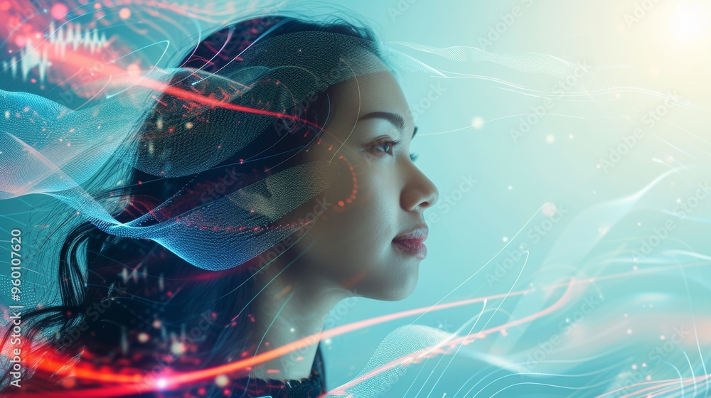 Poster a side profile of a woman with a serene expression, integrated with a futuristic digital neural netw