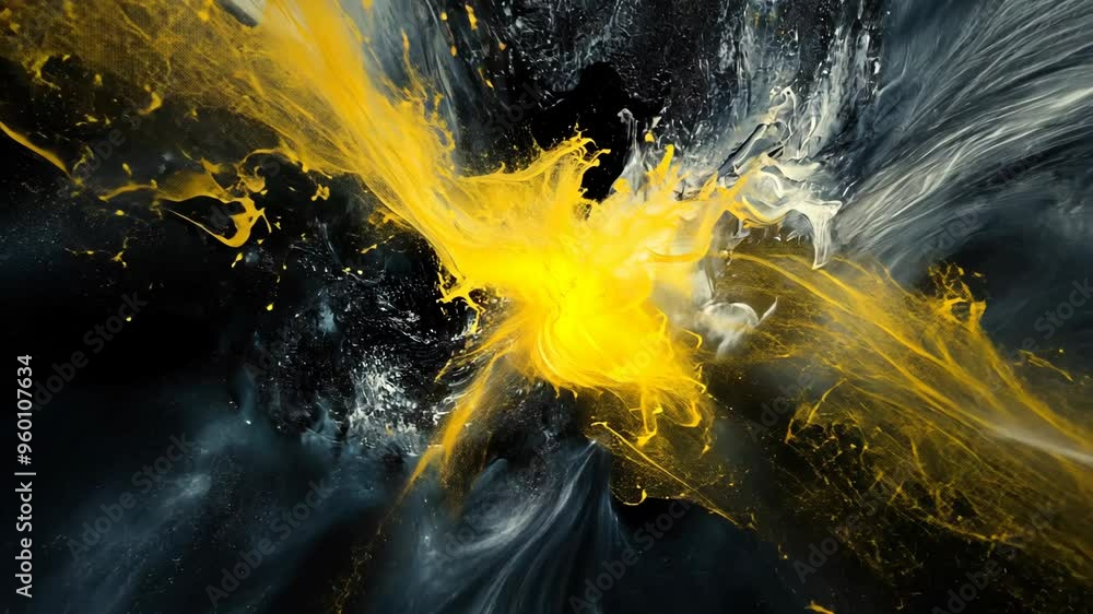 Poster exploring dynamic yellow paint splashes against a dark background in an artistic display of color an