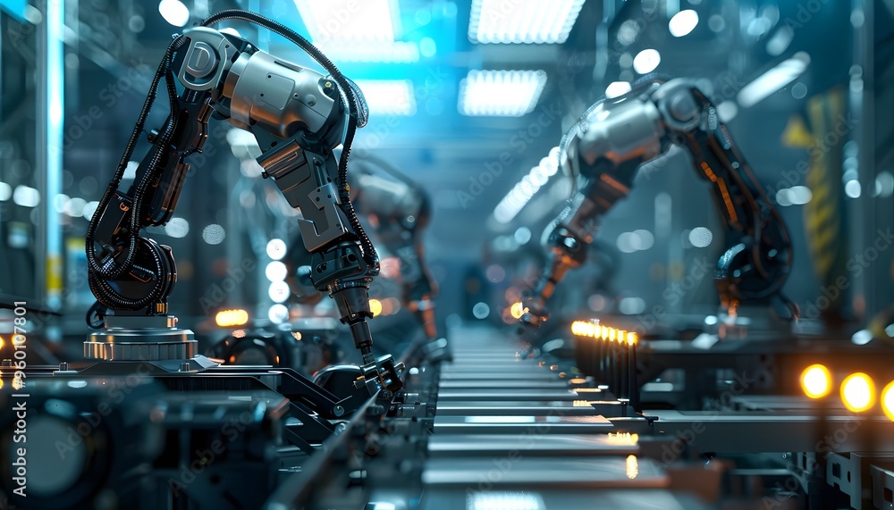 Poster a futuristic factory scene featuring robotic arms working efficiently on an automated assembly line.