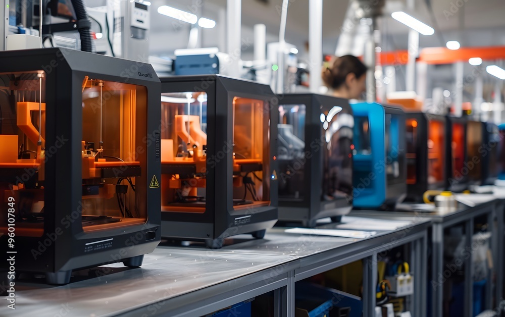 Poster a modern 3d printing workshop with multiple printers in operation, highlighting technology and innov