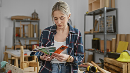 A focused blonde woman examines color swatches in a well-equipped carpentry workshop, showcasing creativity and craftsmanship.