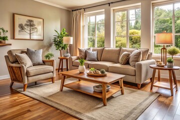 In this serene space, non-toxic furniture pieces in muted colors come together to create a cozy atmosphere, anchored