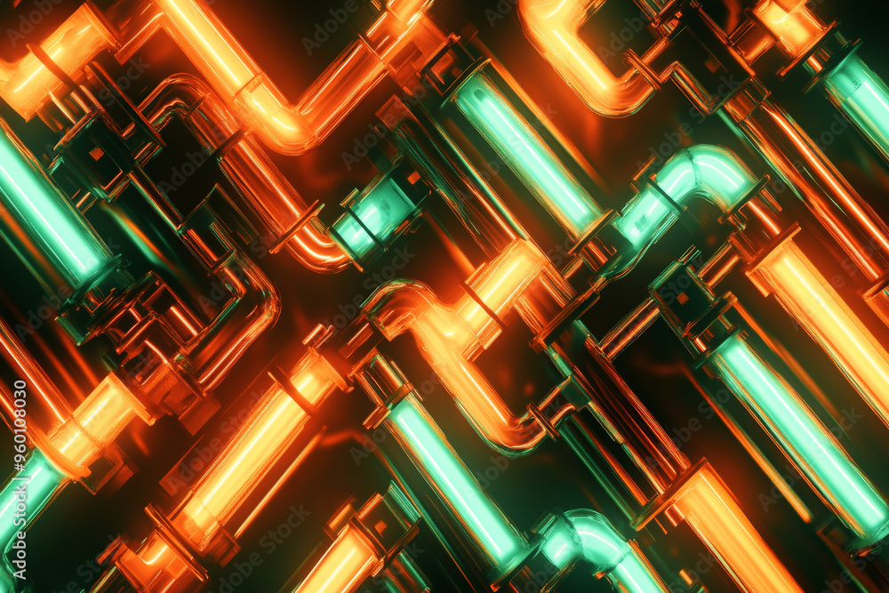 Poster a neon lighting background featuring a maze of glowing green and orange tubes, creating a complex, e