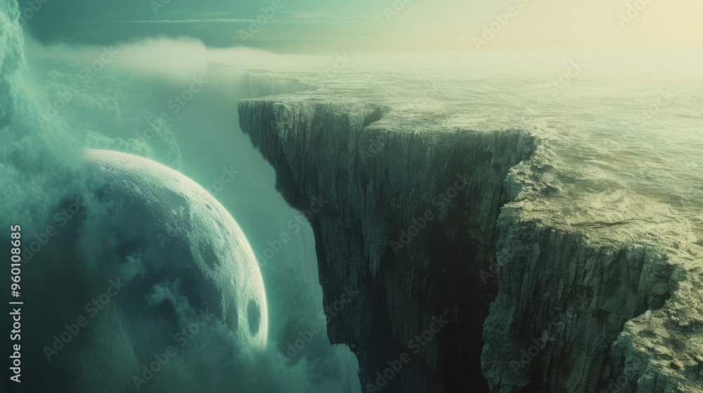 Poster a stunning landscape depicting a dramatic cliff edge with a distant moon in the background. the ethe