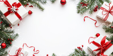 legant Christmas Border with Gifts and Greenery on White Background