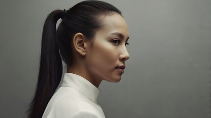 "A woman with a ponytail."