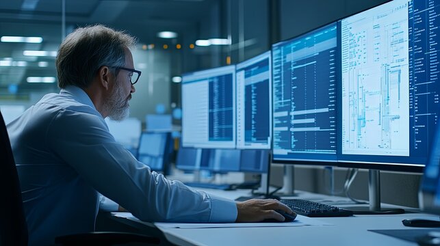 A focused business expert working in a sleek, professional office, fully immersed in a project management tool on their computer