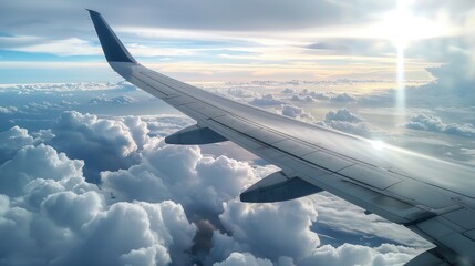 Obraz premium Wing of an airplane flying above the clouds. Travelling background.