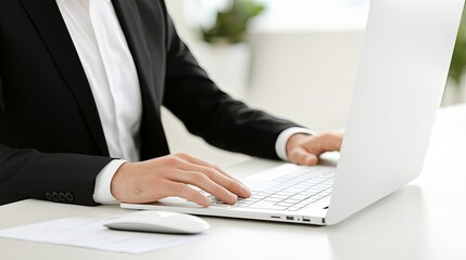 Obraz premium A focused business expert working in a sleek, professional office, fully immersed in a project management tool on their computer