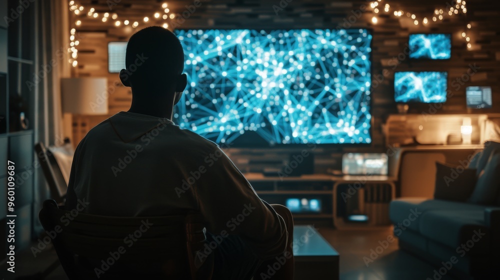 Poster a man sits in a tech-inspired living room, intently watching a large screen displaying a digital net