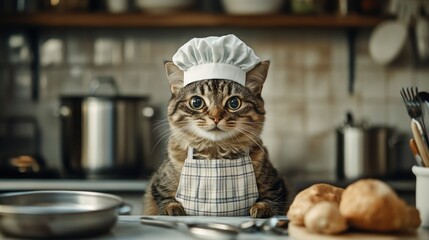 A cat wearing a small apron and cap, sitting on the kitchen counter, surrounded by cooking utensils, ready to help out.