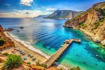 Sun-kissed turquoise waters lap against the sandy shores of Kaputas Beach in Kas, Turkey, surrounded by lush green mountains and rustic wooden walking piers.