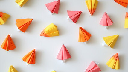 白いテーブルに散りばめられた折り紙のキャンディコーン