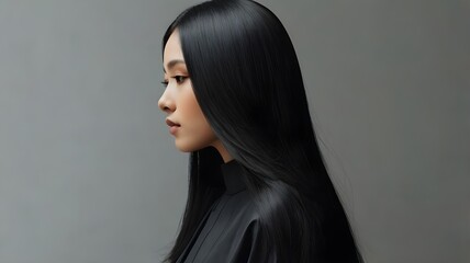 "A haircut model with long black hair."
