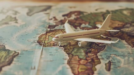 Fototapeta na wymiar Miniature model of passenger plane on the world map. Travel concept