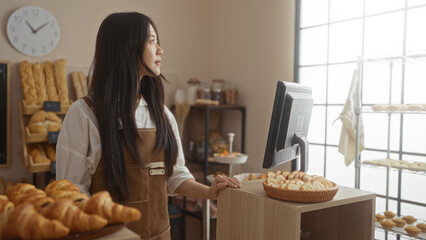 Young chinese woman working in a bakery, standing near the counter indoors with various bread displays around her and a sunny interior with a clock on the wall in china.