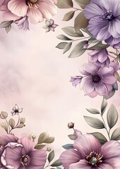 Soft pink and purple watercolor floral frame with leaves on a pastel pink background. Template for quotes, and greetings cards
