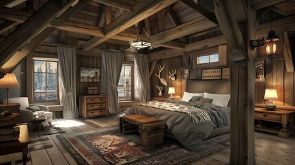 Rustic bedroom with wooden beams and a cozy atmosphere 