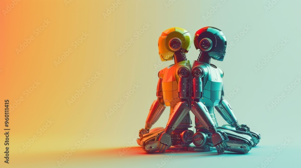 Poster two advanced humanoid robots sit back to back, bathed in a gradient of yellow and blue light. the hi