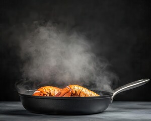 Crispy deep-fried lobster claws frying in bubbling oil, isolated on black, close-up, golden brown shell, steam rising, moody lighting, high detail, cinematic food photography