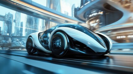 Obraz premium Futuristic transportation designs, showcasing mesmerizing technology, set against a dynamic realistic background of a bustling city